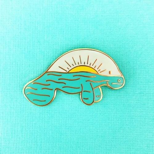Kawaii Manatee Sunrise Landscape Hard Enamel Pin Unique Cartoon Marine Life Seal Golden Brooch Lapel Backpack Pins Jewelry