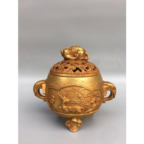 7"Chinese Folk Collection Old Bronze Gilt Elephant statue trunk Binaural Three-legged incense burner Office Ornaments Town House