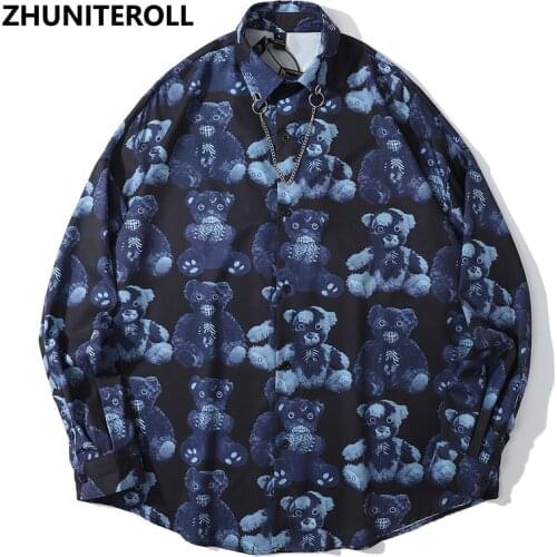 Summer Mens Shirts Cartoon Gothic Bear Print Longsleeve Shirt For Men Streetwear Fashion Hawaiian Beach Chain Tops Teachwear