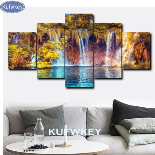 KUFWKEY diamond mosaic Natural Waterfall 5 piece 5d diy diamond painting full square/round drill rhinestone embroidery kit N123