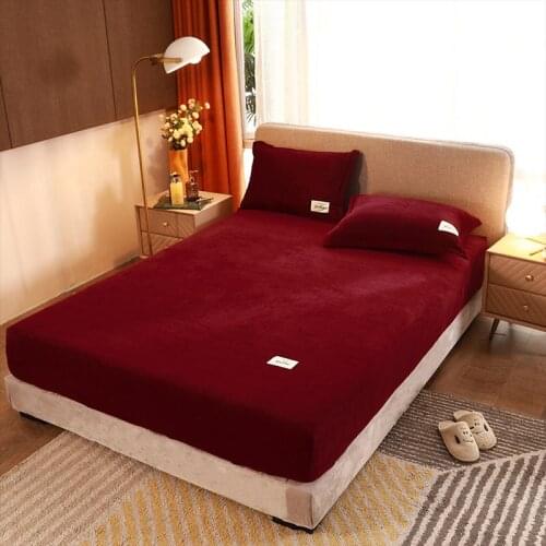 1PC Coral Fleece Fitted Sheet with Elastic Red Color Queen Size Bed Cover Cobertores De Cama Plain Dyed Bed Sheet(No Pillowcase)