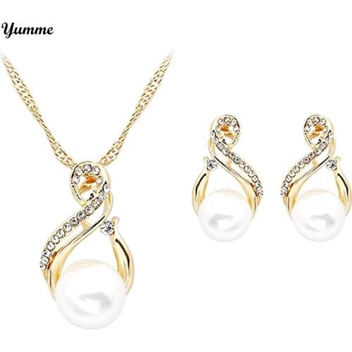 New Fashion Gold Silver Color Crystal Necklace And Stud Earrings For Women Elegant Cute Pearl Earrings Brincos Jewelry Set #LR4