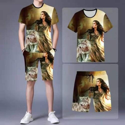 2021 new 3D beauty and wolf print mens T-shirt casual suit couple beach casual wear summer short-sleeved shorts 2-piece set
