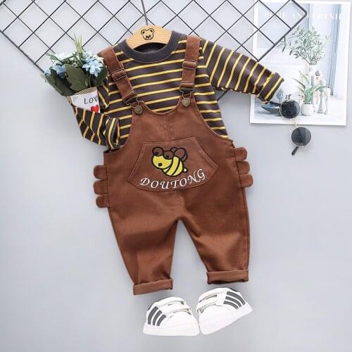 NEW Autumn Baby Boys Girls Clothes Children Striped Long Sleeve Cartoon Overalls Suit Toddler Cotton Clothing Kids Tracksuit SET