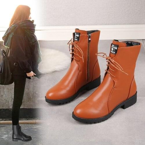 New fashion short boots womens ankle boots side zipper straps non-slip plus velvet warm low thick heel western boots large size
