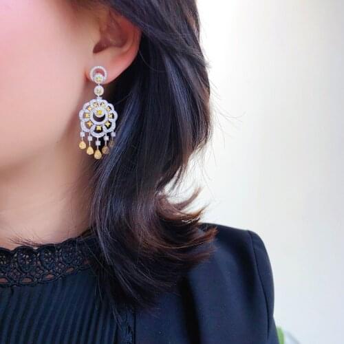 New Luxury Flower Tassels Earrings Inlay Dazzling AAA Zircon Fine Jewelry For Women Wedding Party Fashion Unusual Drop Earrings