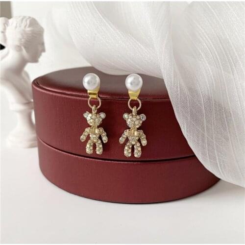 Fully Cubic Zircon Bear Earrings Simulated-pearls Cute Funny Earrings Women Jewelry