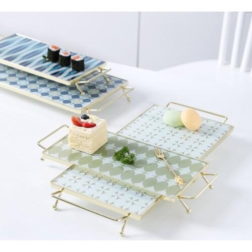 Nordic Luxury Stained Glass Western Food Steak Dessert Plate Simple Home Jewelry Display Stand Square Tea Cup Food Storage Tray