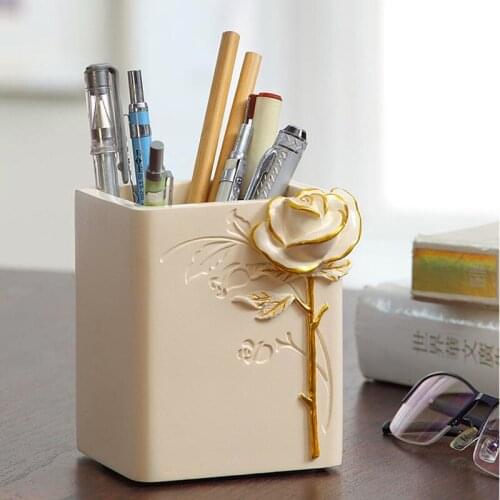 Hand-carved Rose Flower Apricot Color Small Fresh Creative Multifunctional Student Makeup Brush Storage Tube Pen Holder
