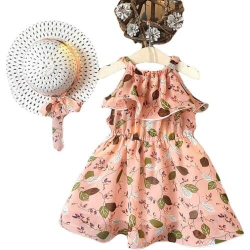 New Summer Girl Dresses +Hat Fashion Print Sleeveless Wear Children Beach Holiday Sundress Kids Connecting Sleeve Dress 3-7Y