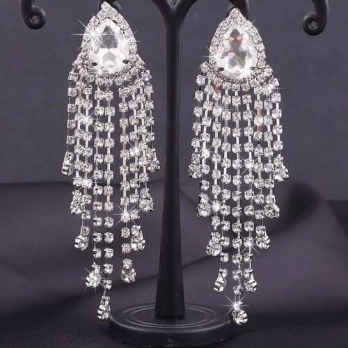 TREAZY Sparkling Rhinestone Waterdrop Long Tassel Earrings for Women Crystal Dangle Drop Earrings Fashion Bridal Wedding Jewelry