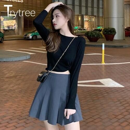 Trytree 2020 Spring Autumn Casual Women T-Shirt O-neck Solid 4 Color Slim fit Fashion All-Purpose Style Irregularity T-shirt