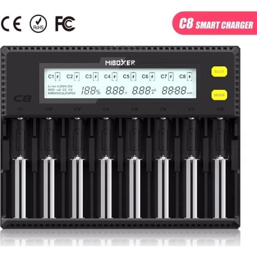 MiBOXER C8 18650 Battery Charger LCD Display 1.5A for Li-ion LiFePO4 Ni-MH Ni-Cd AA 21700 20700 26650 18350 17670 RCR123 18700