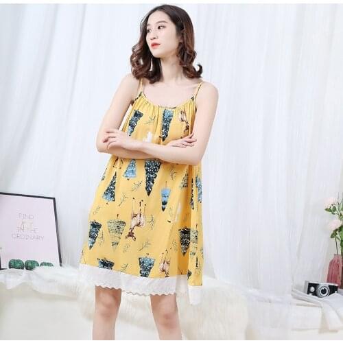 Women Cotton Sleepwear Cartoon Cute Night Dress Lace Spaghetti Strap Nightgowns Womens Homewear pijama mujer