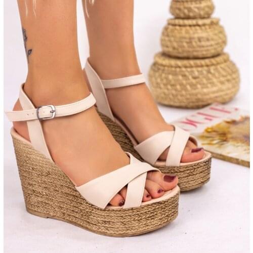 Tonar Babin Cream Skin Wedges Women Sandals Cross Strap New Season Fashion Trend Style Casual