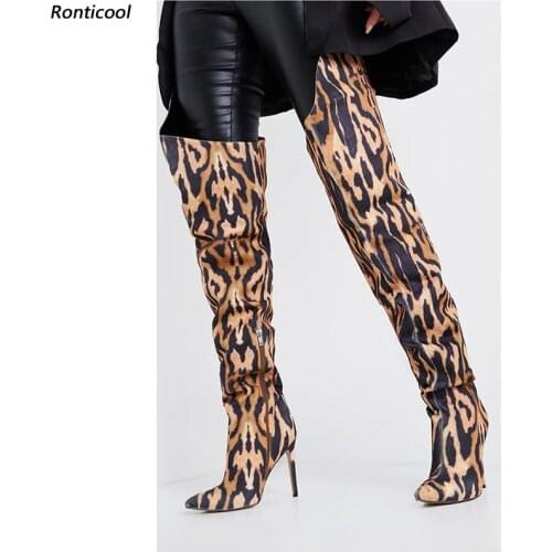 Ronticool Handmade Women Winter Over The Knee Boots Sexy Stiletto Heels Pointed Toe Leopard Club Wear Shoes Us Size 5-10.5