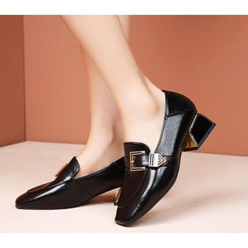 2021 Autumn Women Mid Heels Single Shoes Ladies Soft Paint Leather Shoe Square Pumps Female Korea Style Black Tacones Mujer