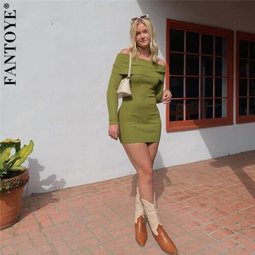 Fantoye Sexy Off Shoulder Slash Neck Women Dress Green Long Sleeve High Waist Mini Dress Ladies Summer Skinny Partywear Vestidos