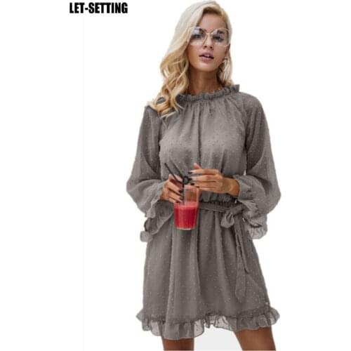 Women dress bubble round neck tie flare sleeve halter elegant sexy slim ruffled perspective stringy sash backless mesh colorful