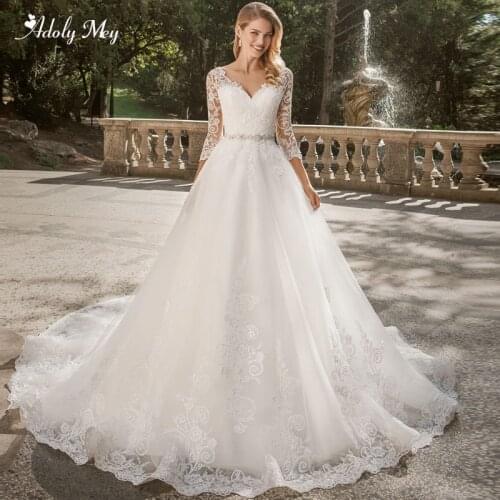 Adoly Mey New Charming V-Neck Appliques A-Line Wedding Dresses 2020 Luxury Sashes Beaded Three Quarter Sleeve Vintage Bride Gown