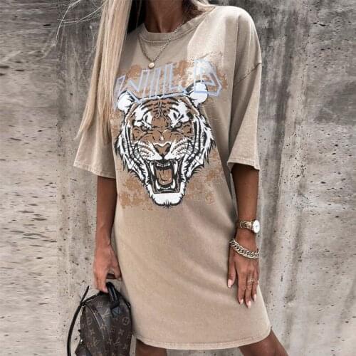 Vintage Letter Tiger Print Sweatshirt Dresses Casual O Neck Women Mini Dress Summer Fashion Short Sleeve Party Dress Streetwear