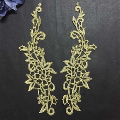 5pairs 24X 7cm Gold Wedding Dess Floral Embroidery Sewing Patches Lace Applique Flower Trims DIY Craft BD0077