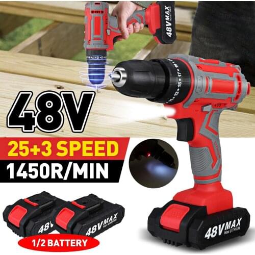 48V 25+3 Torque Cordless Drill Electric Driver Screwdriver Drill Impact Electric Drill With 2 Rechargeable Lithium-Ion Battery