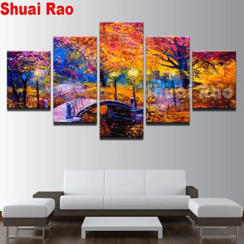 Diamond Painting 5 panel Color Abstract Autumn forest Park Bridge diamond Embroidery full round square Mosaic landscape art