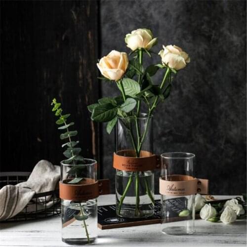 Flower Vase Glass Mug Nordic Table Plant Vases Leather Handle Water Cup Home Bonsa Decor Accessories