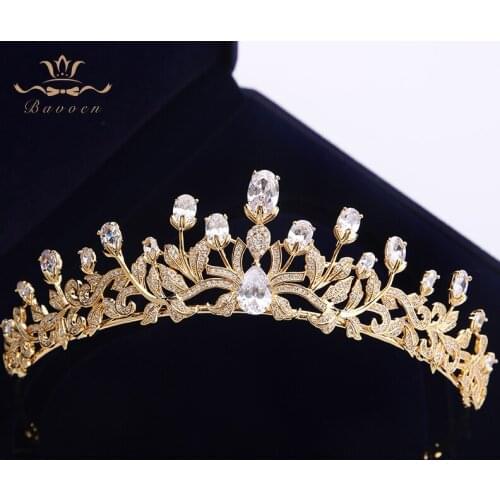 Bavoen Clear Zircon Brides Crowns Tiaras Gold Sparkling Crystal Hairbands Wedding Hair Accessories Prom Hair Jewelry Gift