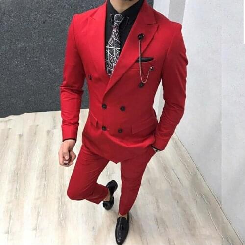 Tailor Made 2 Pieces Red Men Suit Slim Fit Groom Tuxedos Wedding Business Double Breast Blazer Jacket Pants Terno Masculino