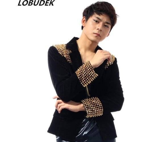 Male Black gold rivet jacket coat Fashion slim outerwear Bar Mens singer dancer DJ DS Costume prom stage performance outfits