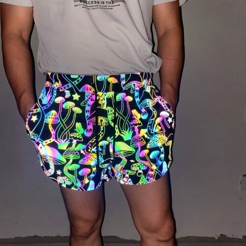PARKLEES Mushroom Printed Colorful Reflective Mens Shorts Shiny Hip Hop Dance Fluorescent Shorts for Men Night Sporting Joggers