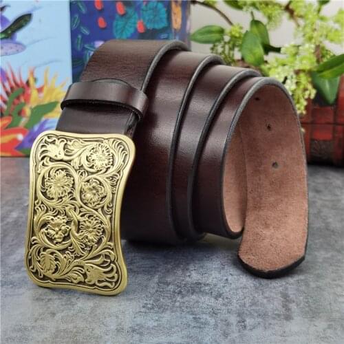 Luxury Carving Flower Brass Belt Buckle Mens Belt Ceinture Top Thick Geunine Leather Belt For Men Wide Trouser Belt Men MBT0031