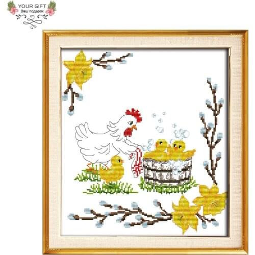 Joy Sunday D970 14CT 11CT Counted and Stamped Home Decoration The Chicken To Take A Bath Cross Stitch Kits