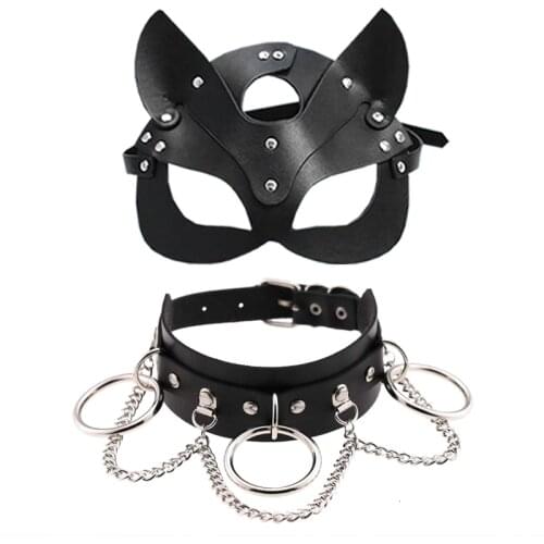 Popular leather mask and double chain O-ring collar shackles slave BDSM necklace neck chain collar strap