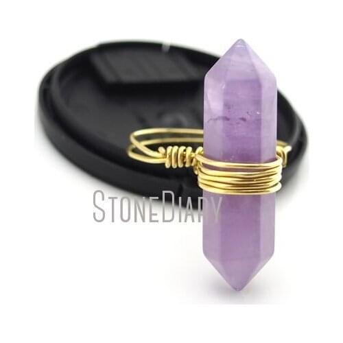 10Pcs Light Amethysts Ring Wire Wrapped Pure Gold Color Faceted Double Point Ring 6-8 RM13031