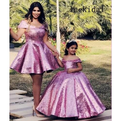 Rose Pink Sequined Flower Girl Dresses Off The Shoulder Long Girls Pageant Dress Mother Daughter First Communion D