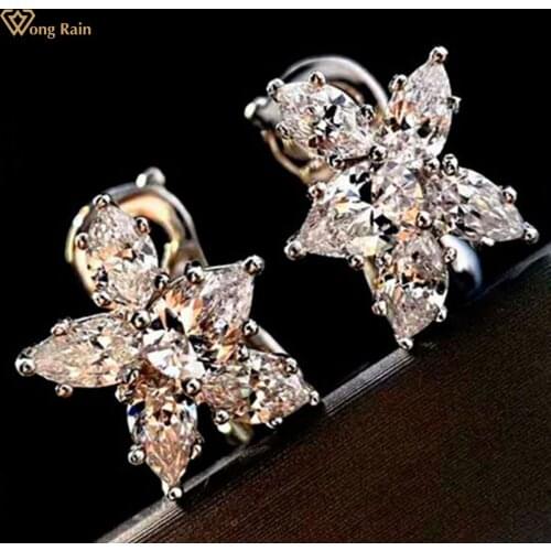 Wong Rain 100% 925 Sterling Silver Flower Shape Created Moissanite Gemstone Wedding Engagement Ear Studs Earrings Fine Jewelry