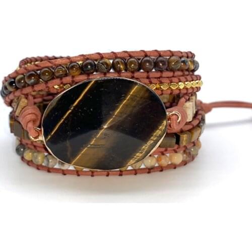 Unique Ladies Jewelry Wrapped Bracelet Tiger Eye Charm 5 Stranded Leather Bracelet Multilayer Bead Chain