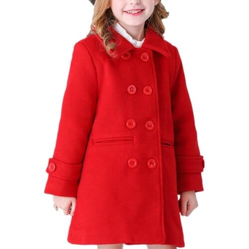 Thicken Autumn Winter woolen Coats Child Girl Baby Fashion Red Color Turn-down Outwear