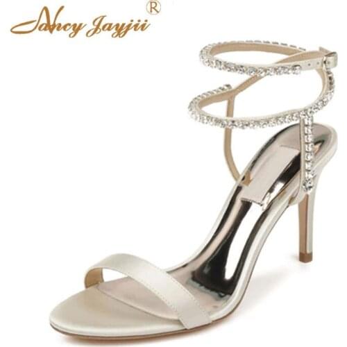 Womens Shoes Adult Ladies High Heels Silver Solid Crystal Buckle Ankle Strap Ultra High Stiletto Solid Wedding & Party Fashion