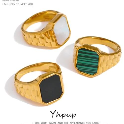 Yhpup Stainless Steel Square Ring Trendy Natural Shell Acrylic Jewelry Women 18 K Metal Ring бижутерия для женщин Gala Gift