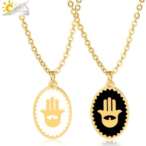 CSJA Hamsa Hand Stainless Steel Necklace for Women Enamel Oval Pendant Necklaces Trendy Thin Chain Gold Color Luxe Collier S771
