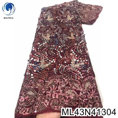 2021 New fashion african fabrics net lace with sequins 5yards embroidery nigerian lace for dress ML43N413