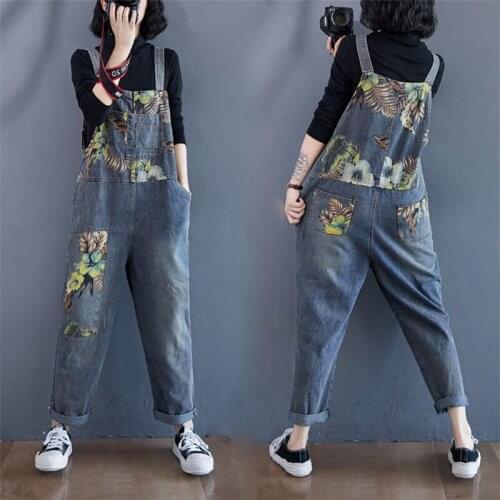 2021 Spring And Autumn New Retro Printed Denim Overalls Rompers Female Loose Plus Size Pocket Casual Jeans Jumpsuit Women aq948