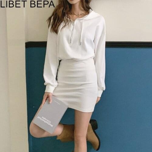 2021 Y2K New Women Autunm Dresses High Waist Package Hip Vintage Hooded Korean Style Sexy Pure Elegant Lady Mini Dresses DR6357