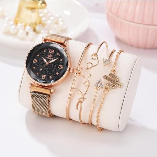 5 teil/satz Luxus Marke Frauen Uhren Starry Sky Magnet Uhr Schnalle Mode Las Romische Ziffer Einfsig Weiblichen Armband