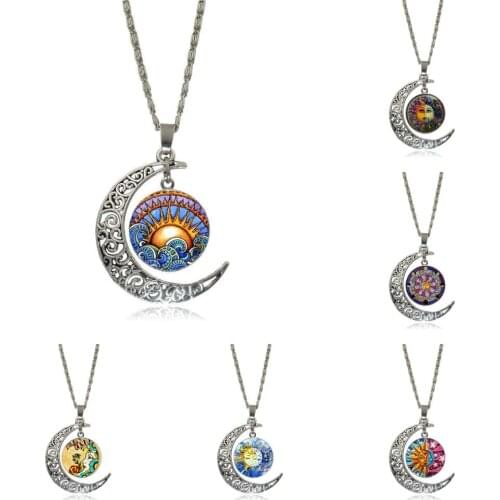EJ Glaze Half Sun And Moon For Girls Gifts Jewelry With Silver Plated Glass Cabochon Crescent Moon Choker Long Pendant Necklace