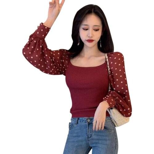 COCKCON Stitching Tshirts Spring Autumn Korean Slash Neck T Shirt Polka Dot Knitting Slim Long Sleeve Camiseta Tops One Size